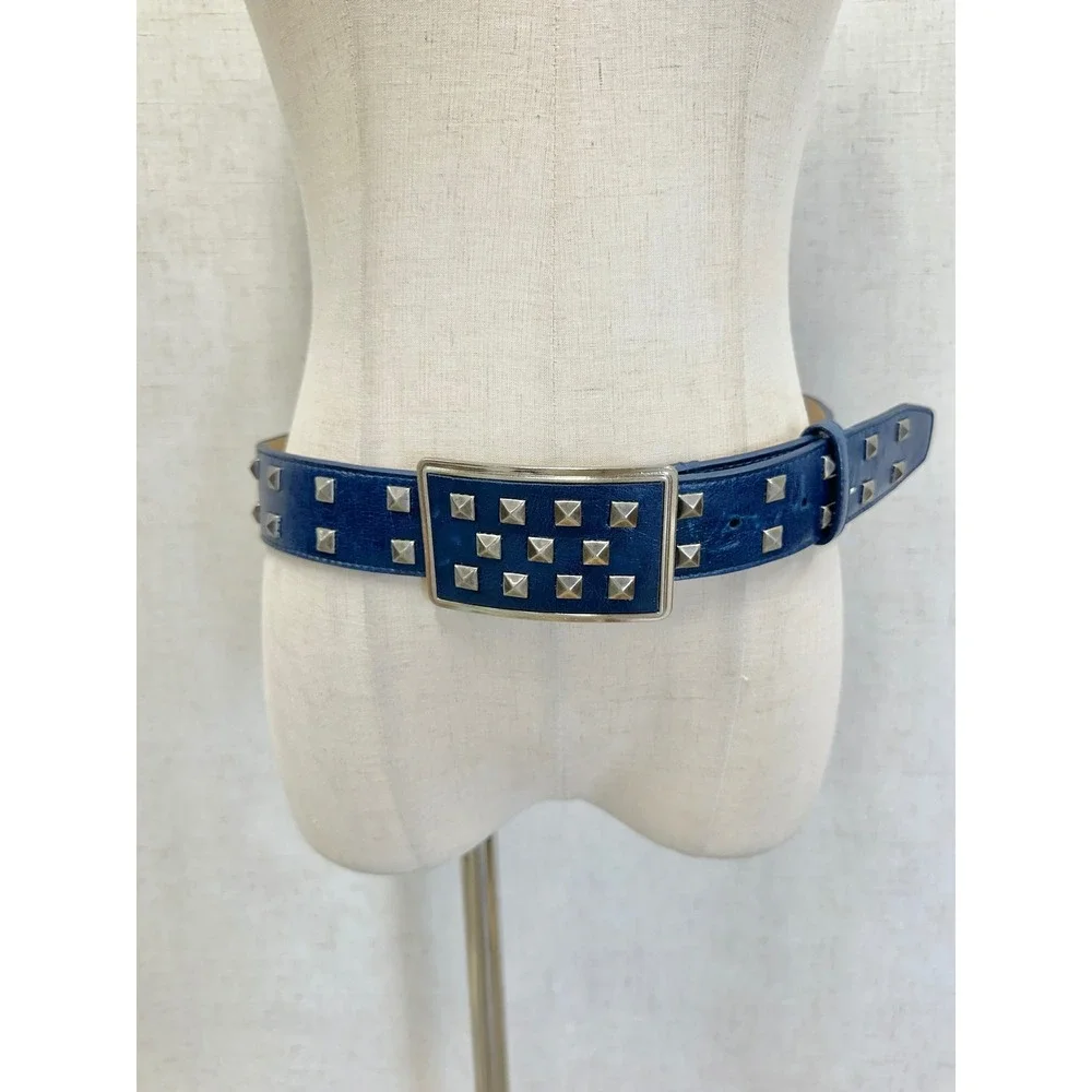 Pyramid‎ Studded Leather Belt Womens Small Navy Blue Silver Pyramid Punk Rock